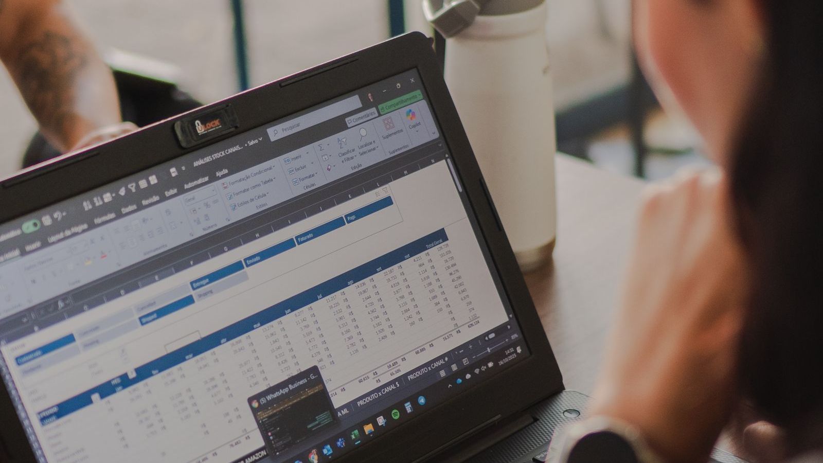 Person reviewing data on a laptop screen, representing spreadsheet-based tracking of a field team